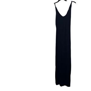 DISSH V Neck Fitted Cami Slip Maxi Dress with Back Slit in Black Semi Sheer